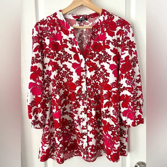 OLSEN Red Floral Blouse Peplum Button Front 3/4 Sleeve Lightweight Top Large - Picture 3 of 9